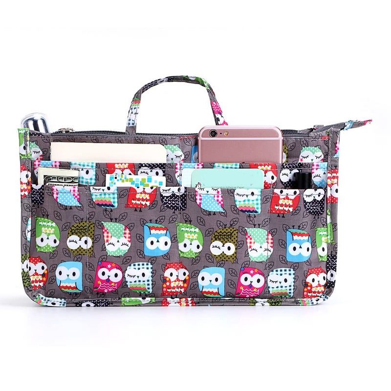 BTSKY Printing Handbag Organizers Inside Purse Insert - High Capacity 13 Pockets Bag Tote Organizer with Handle (Owl) - Image 1
